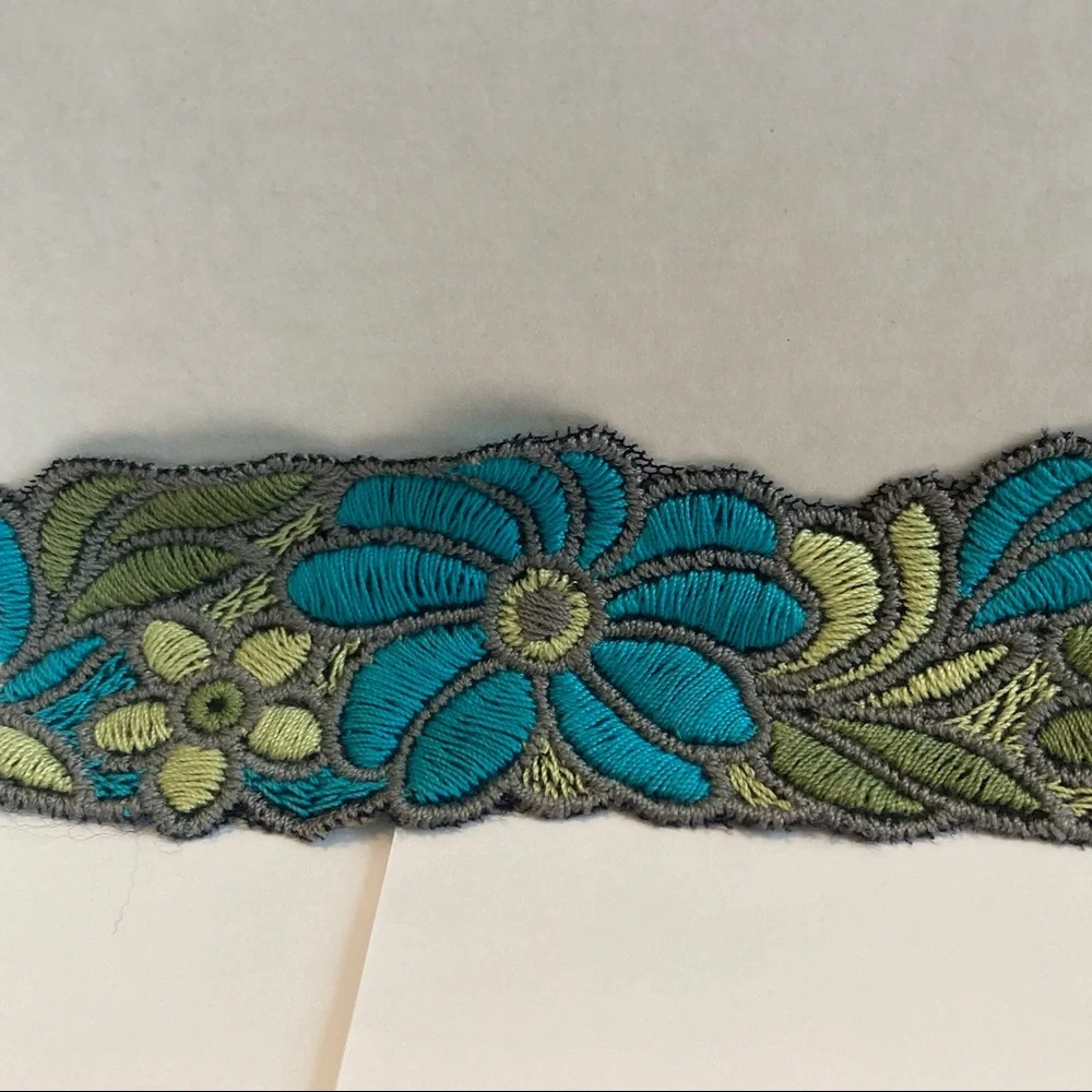 Blue Green Floral Flower Trim Embroidery 2